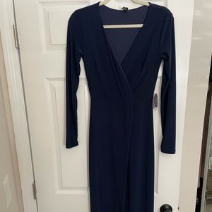 Long navy long sleeve dress with leg slit